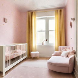 A long, charming baby girl's room in hues of beige, pink, and yellow, featuring a textile bed, large window at the end of the room, and star-patterned wallpaper.