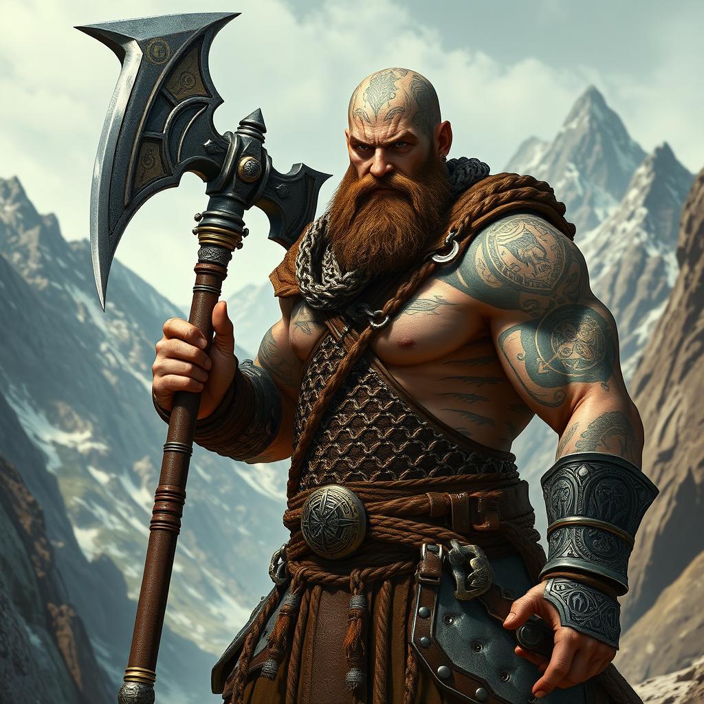 A Goliath Warrior inspired by Dungeons & Dragons, depicted wearing intricate chainmail armor and wielding a magnificent halberd