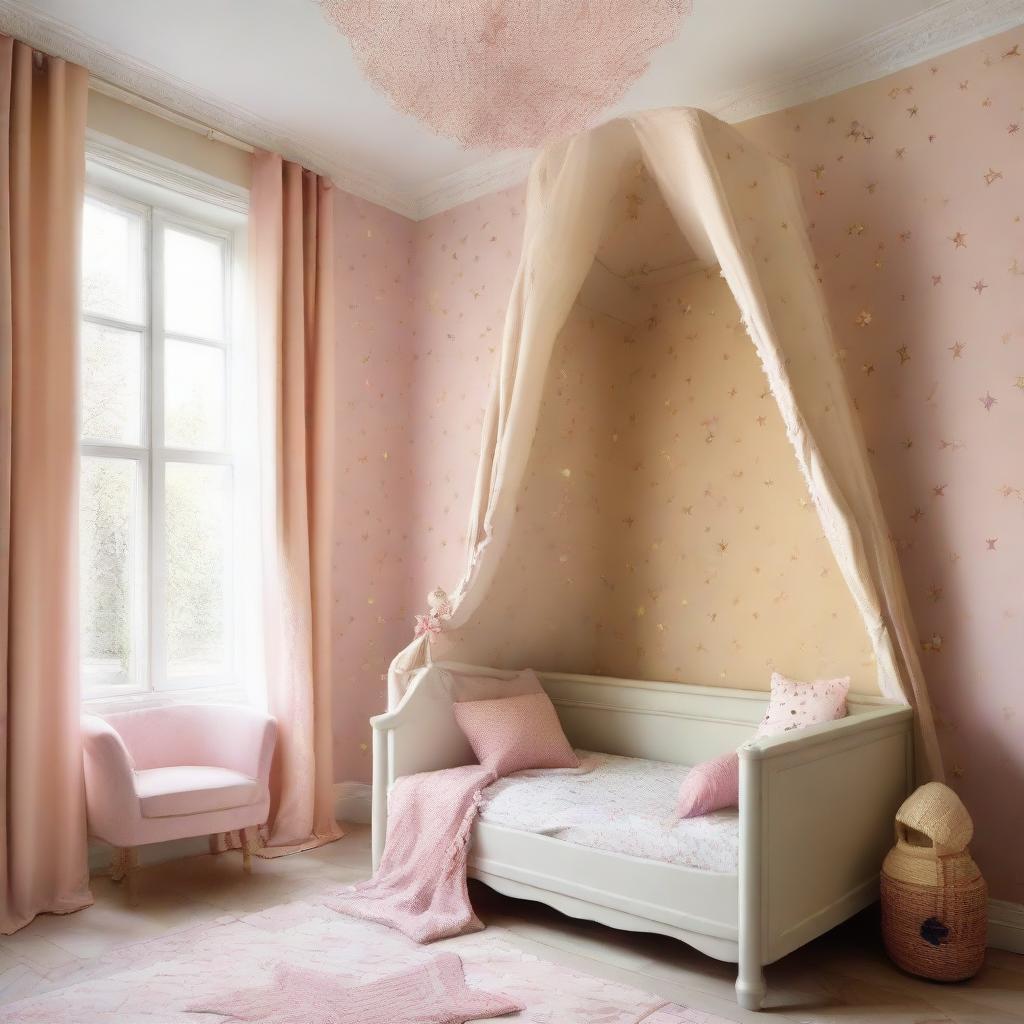 A long, charming baby girl's room in hues of beige, pink, and yellow, featuring a textile bed, large window at the end of the room, and star-patterned wallpaper.