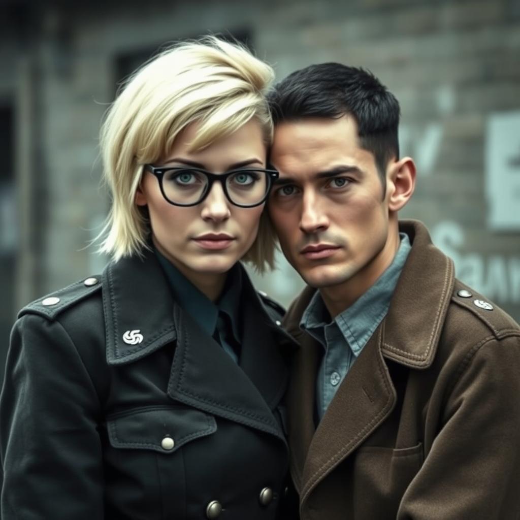 A German SS general with a tomboy-style blonde hairstyle, striking green eyes, and minimalistic yet attractive military attire, stands closely to her beloved Jewish man, who has short black hair and deep black eyes, dressed in simple and humble clothing