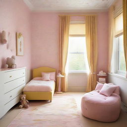 A long, charming baby girl's room in hues of beige, pink, and yellow, featuring a textile bed, large window at the end of the room, and star-patterned wallpaper.