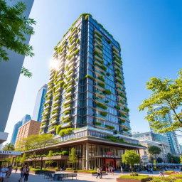 A stunning 50-story square tower nestled in an urban setting, featuring a modern architectural design with sleek glass facades and vibrant greenery integrated into the structure
