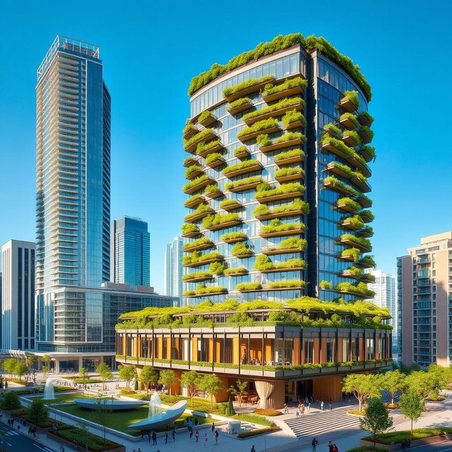A stunning 50-story square tower nestled in an urban setting, featuring a modern architectural design with sleek glass facades and vibrant greenery integrated into the structure