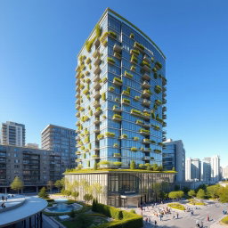 A stunning 50-story square tower nestled in an urban setting, featuring a modern architectural design with sleek glass facades and vibrant greenery integrated into the structure