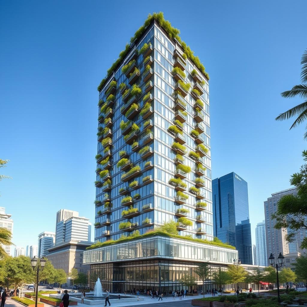 A stunning 50-story square tower nestled in an urban setting, featuring a modern architectural design with sleek glass facades and vibrant greenery integrated into the structure