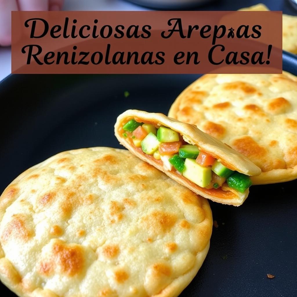 Delicious golden arepas fresh from the pan, opened up to reveal their colorful filling, featuring a Reina Pepiada style with avocado