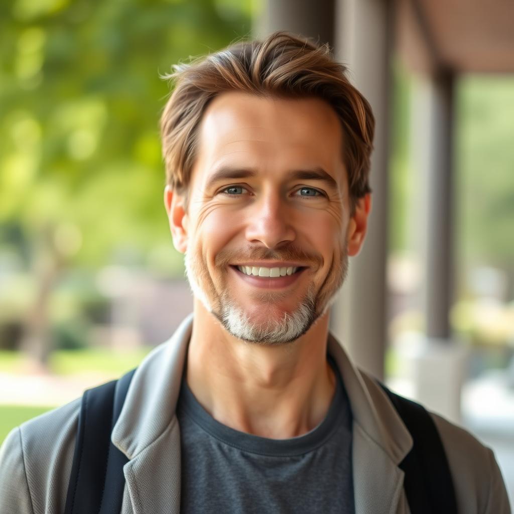 A portrait of a 45-year-old man with brunette hair, showcasing a warm and approachable expression, dressed in a casual yet stylish outfit