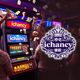 An exciting scene featuring a betting machine labeled 'ichancy' with enthusiastic people around it, celebrating as money flies out of the machine