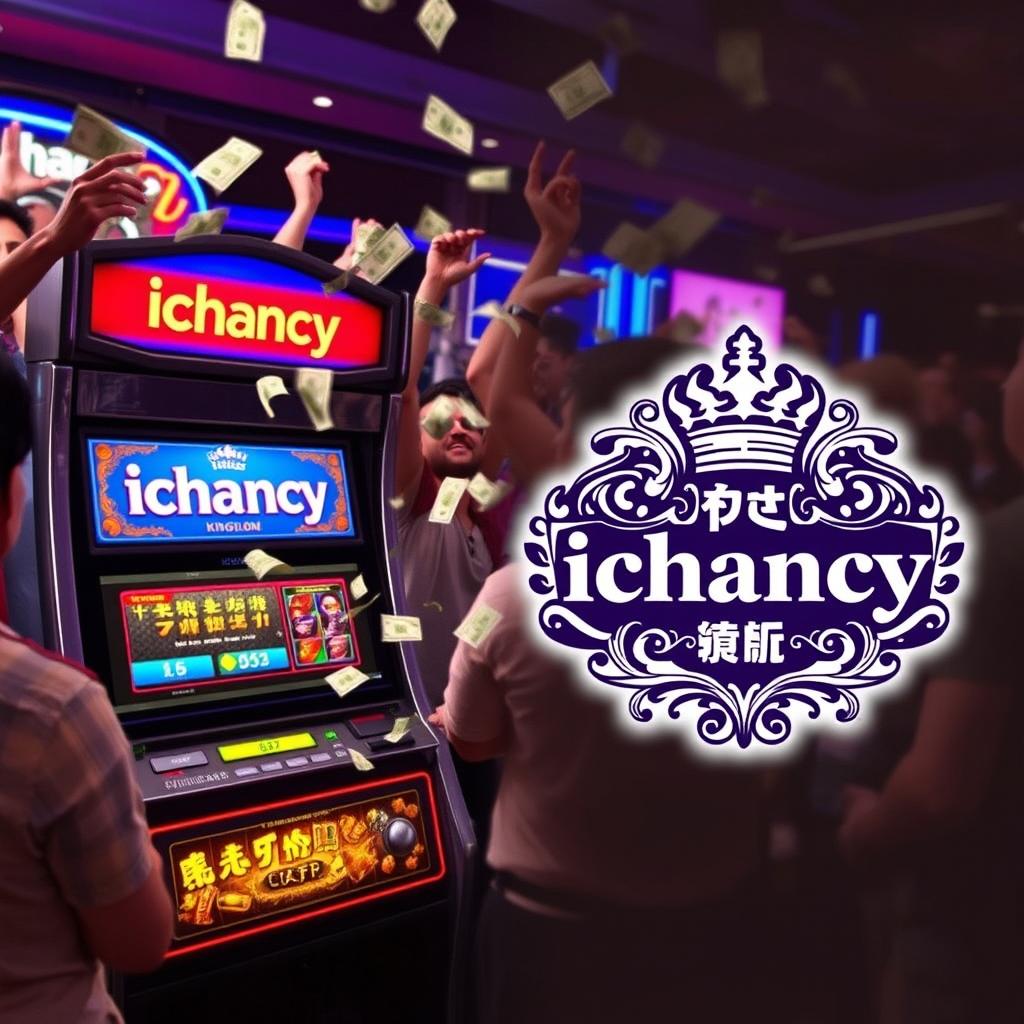 An exciting scene featuring a betting machine labeled 'ichancy' with enthusiastic people around it, celebrating as money flies out of the machine