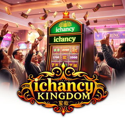 An exciting scene featuring a betting machine labeled 'ichancy' with enthusiastic people around it, celebrating as money flies out of the machine