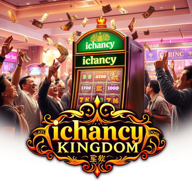An exciting scene featuring a betting machine labeled 'ichancy' with enthusiastic people around it, celebrating as money flies out of the machine
