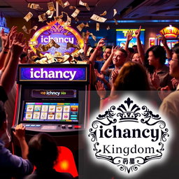 An exciting scene featuring a betting machine labeled 'ichancy' with enthusiastic people around it, celebrating as money flies out of the machine