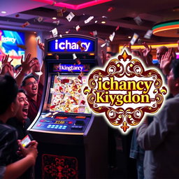 An exciting scene featuring a betting machine labeled 'ichancy' with enthusiastic people around it, celebrating as money flies out of the machine