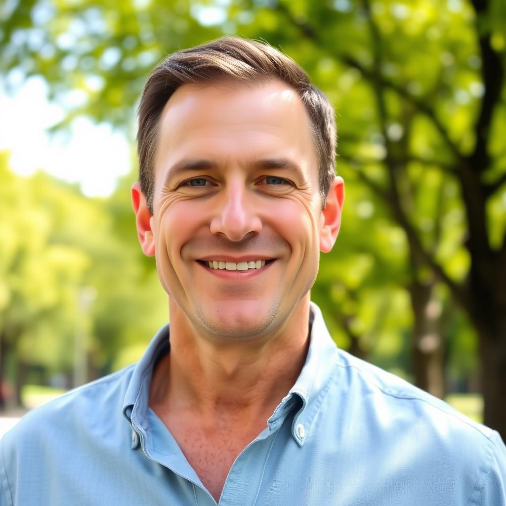 A 45-year-old brunette man, with short, well-groomed hair and a friendly smile, dressed in a casual outfit consisting of a light blue shirt and dark jeans
