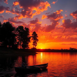 A majestic sunset over a calm river, with vibrant orange and pink hues reflecting on the water's surface