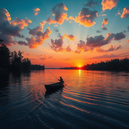 A majestic sunset over a calm river, with vibrant orange and pink hues reflecting on the water's surface