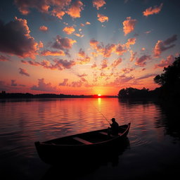 A majestic sunset over a calm river, with vibrant orange and pink hues reflecting on the water's surface