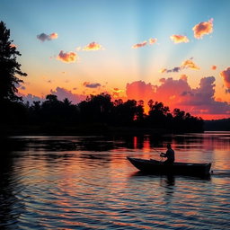 A majestic sunset over a calm river, with vibrant orange and pink hues reflecting on the water's surface