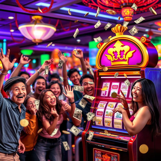 An exciting scene featuring a slot machine with the logo 'ichancy Kingdom 👑' beautifully decorated above it