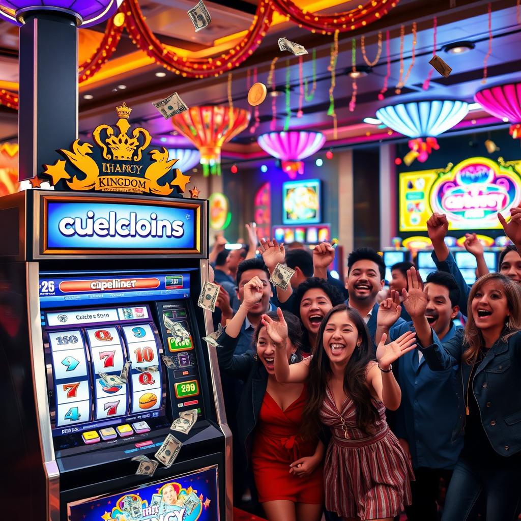 An exciting scene featuring a slot machine with the logo 'ichancy Kingdom 👑' beautifully decorated above it
