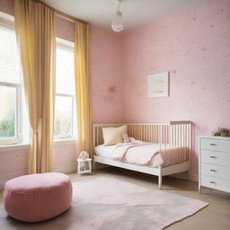 A long, charming baby girl's room in hues of beige, pink, and yellow, featuring a textile bed, large window at the end of the room, and star-patterned wallpaper.