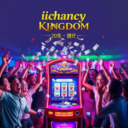 A vibrant and lively scene featuring a betting machine from ichancy, surrounded by excited people celebrating with joy