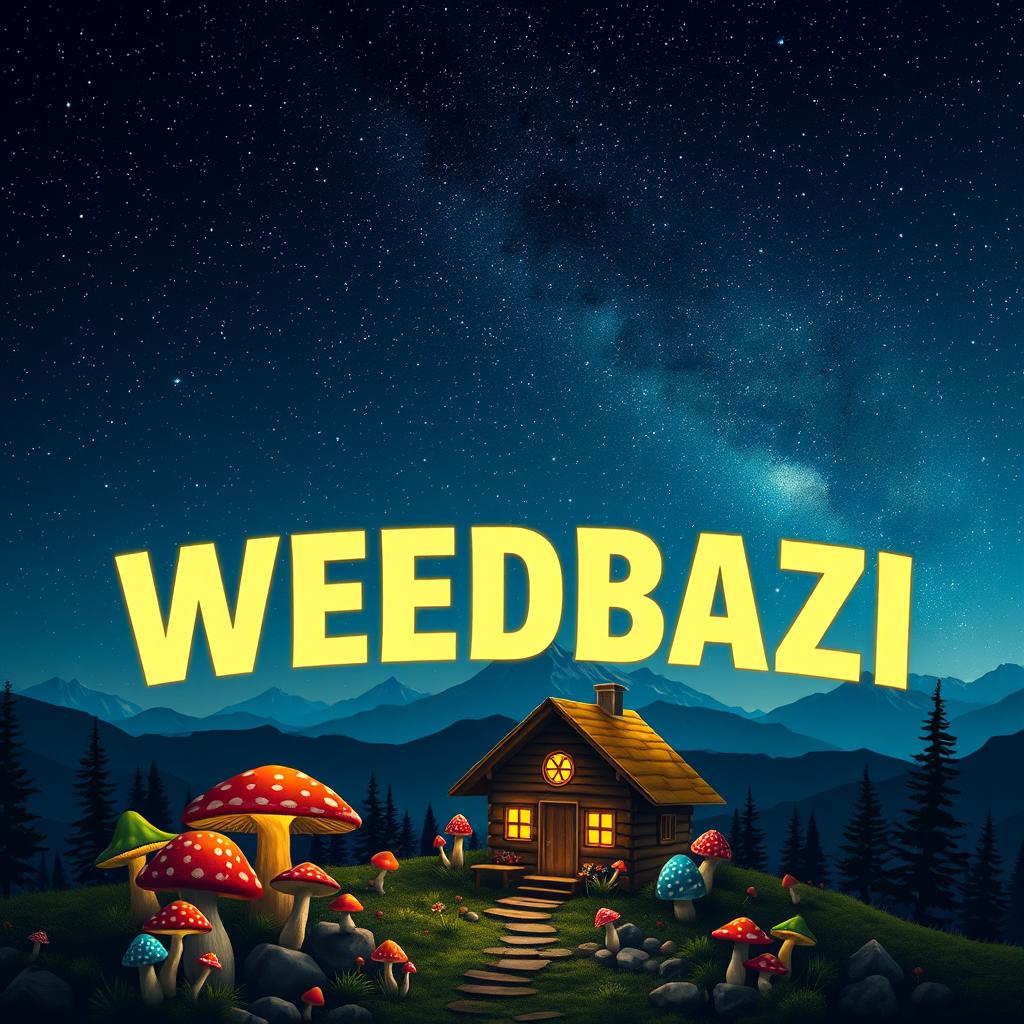 A logo design for 'WEEDBAZI', set against a stunning night scene featuring a mountain landscape