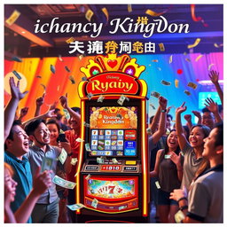A vibrant and lively scene featuring a betting machine from ichancy, surrounded by excited people celebrating with joy