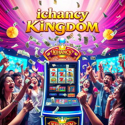 A vibrant and lively scene featuring a betting machine from ichancy, surrounded by excited people celebrating with joy