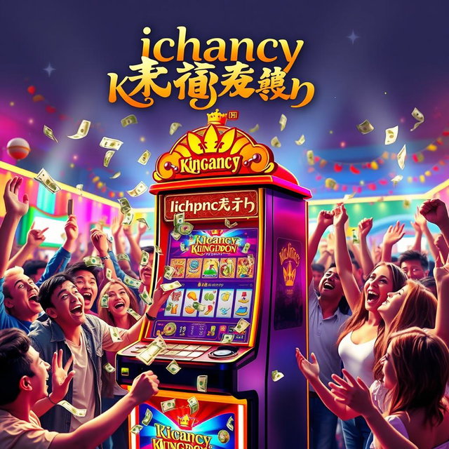 A vibrant and lively scene featuring a betting machine from ichancy, surrounded by excited people celebrating with joy