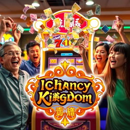 A vibrant scene depicting an IChancy betting machine surrounded by excited people, with colorful banknotes flying out from the machine