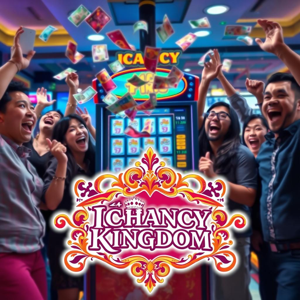 A vibrant scene depicting an IChancy betting machine surrounded by excited people, with colorful banknotes flying out from the machine