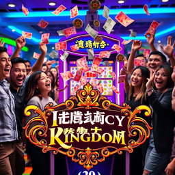 A vibrant scene depicting an IChancy betting machine surrounded by excited people, with colorful banknotes flying out from the machine