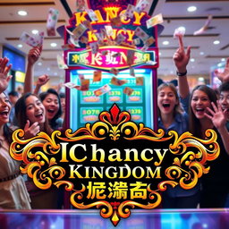 A vibrant scene depicting an IChancy betting machine surrounded by excited people, with colorful banknotes flying out from the machine