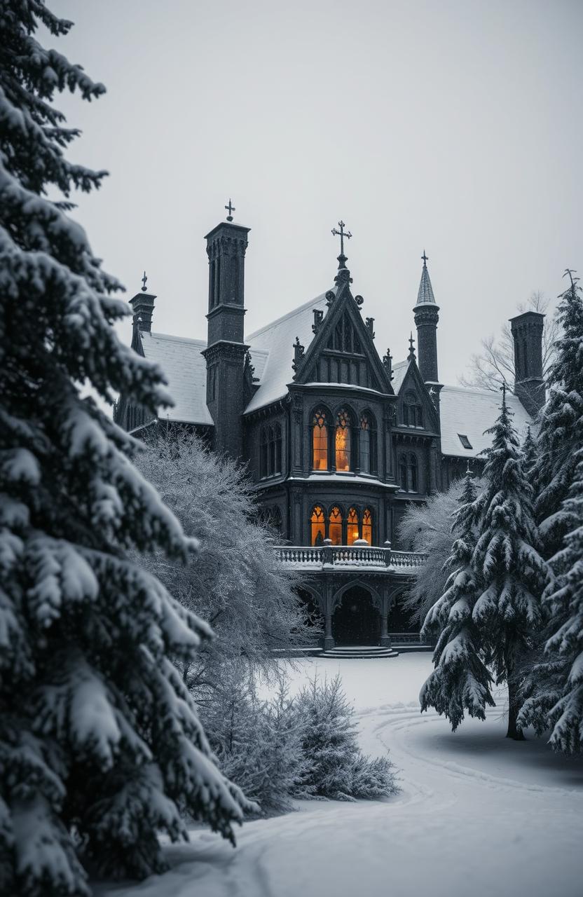 A dark, old mansion surrounded by snow-covered trees, creating a somber yet enchanting winter scene