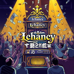 An illustration of an eye-catching betting machine, prominently featuring the logo 'Ichancy' with intricate details