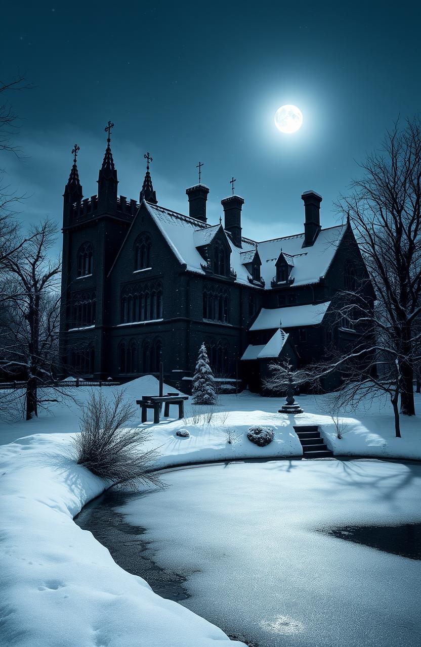 A dark, old manor house surrounded by thick layers of snow, evoking a sense of mystery and history