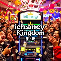 A vibrant and dynamic scene featuring a betting machine clearly labeled 'ichancy', surrounded by excited people celebrating their wins