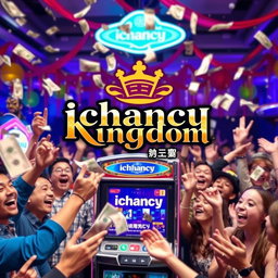 A vibrant and dynamic scene featuring a betting machine clearly labeled 'ichancy', surrounded by excited people celebrating their wins