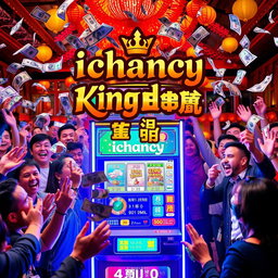 A vibrant and dynamic scene featuring a betting machine clearly labeled 'ichancy', surrounded by excited people celebrating their wins