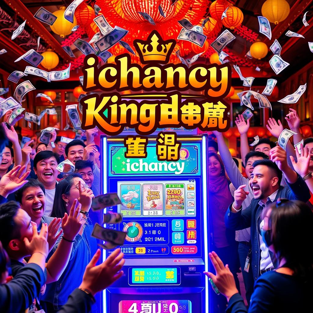 A vibrant and dynamic scene featuring a betting machine clearly labeled 'ichancy', surrounded by excited people celebrating their wins