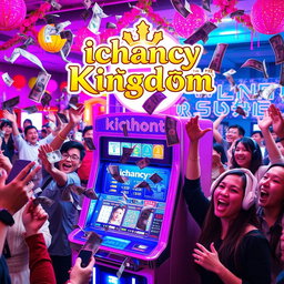 A vibrant and dynamic scene featuring a betting machine clearly labeled 'ichancy', surrounded by excited people celebrating their wins