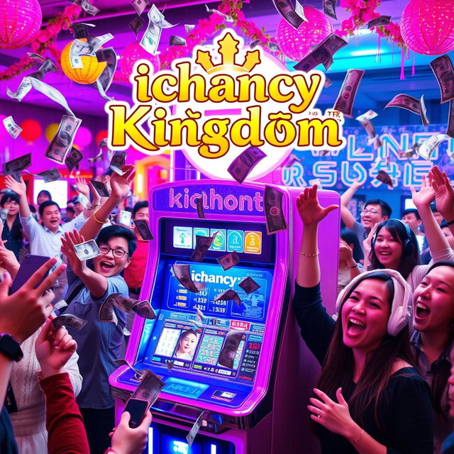 A vibrant and dynamic scene featuring a betting machine clearly labeled 'ichancy', surrounded by excited people celebrating their wins