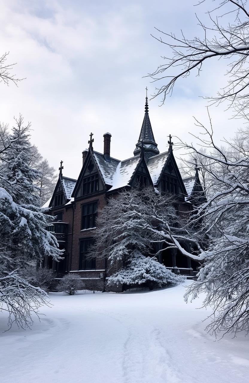 An old, dark mansion surrounded by a thick layer of snow, exuding an eerie yet captivating atmosphere
