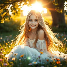 A stunningly beautiful girl with long, flowing hair, sparkling blue eyes, and a radiant smile, sitting in a sunlit meadow filled with wildflowers