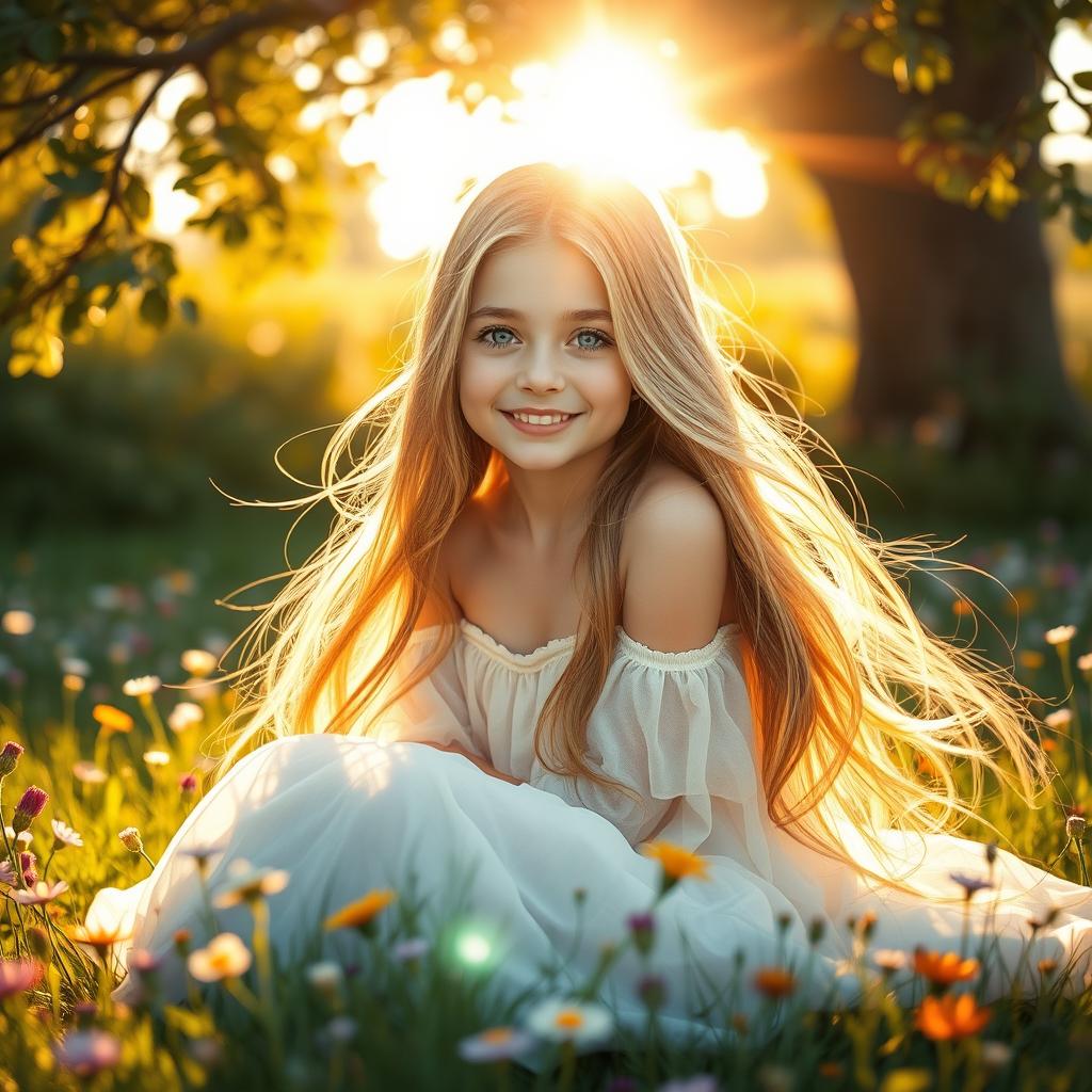 A stunningly beautiful girl with long, flowing hair, sparkling blue eyes, and a radiant smile, sitting in a sunlit meadow filled with wildflowers