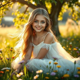 A stunningly beautiful girl with long, flowing hair, sparkling blue eyes, and a radiant smile, sitting in a sunlit meadow filled with wildflowers