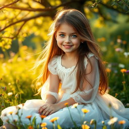 A stunningly beautiful girl with long, flowing hair, sparkling blue eyes, and a radiant smile, sitting in a sunlit meadow filled with wildflowers