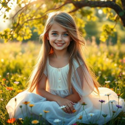 A stunningly beautiful girl with long, flowing hair, sparkling blue eyes, and a radiant smile, sitting in a sunlit meadow filled with wildflowers
