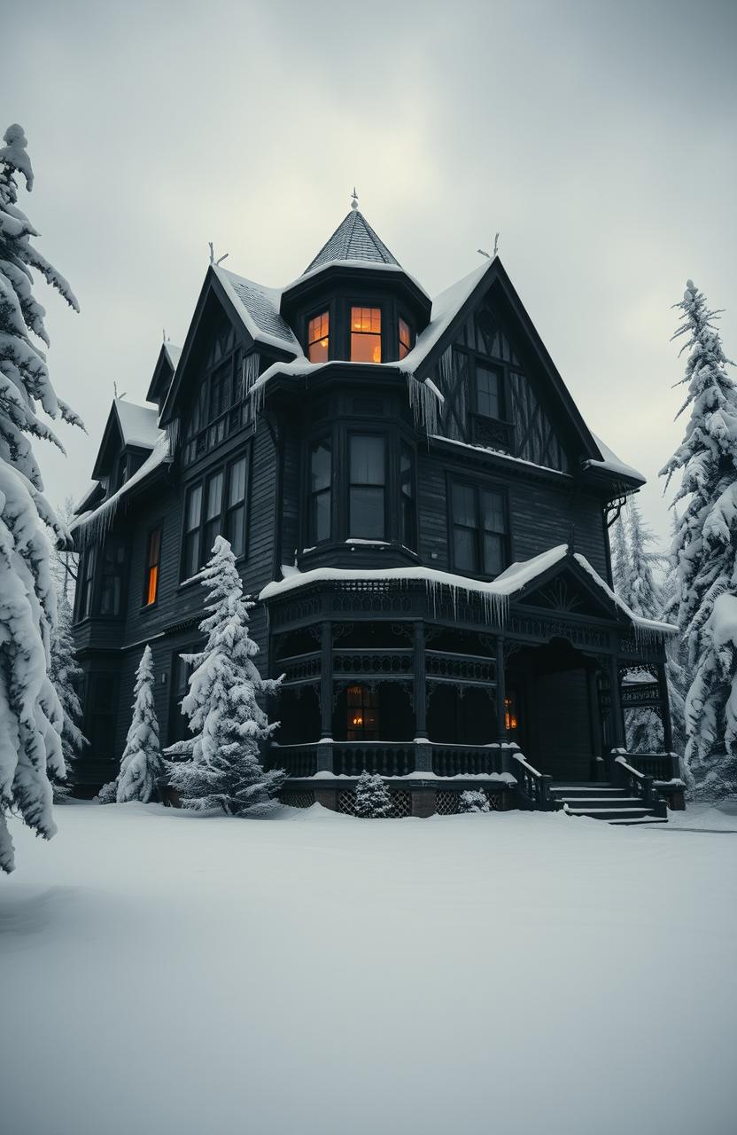 A dark, old mansion surrounded by snow, with intricate architectural details and a mysterious aura
